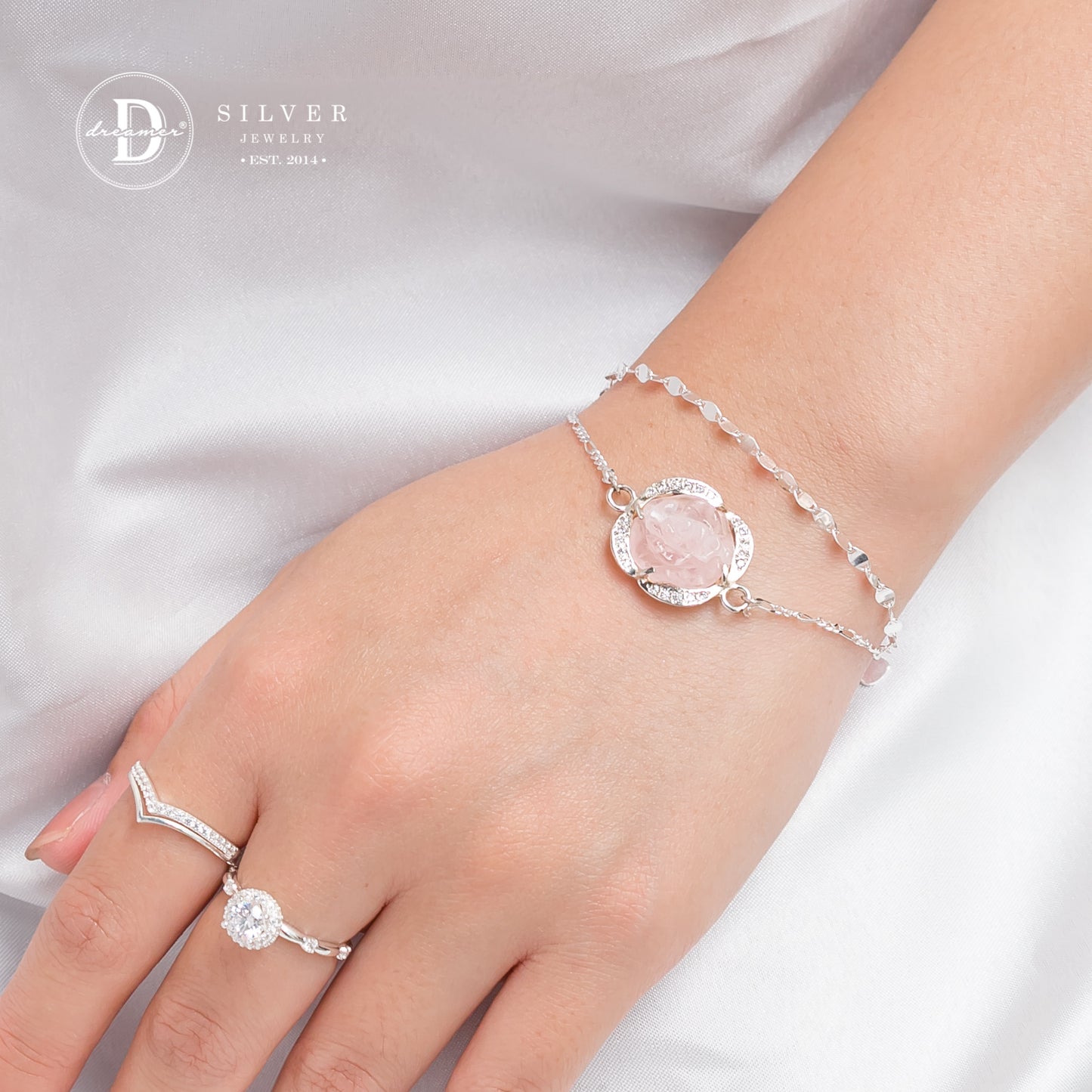 Lắc Tay Bạc 925 Đá Thạch Anh Hồng Chạm Kiểu Hoa Mẫu Đơn Viền Bạc Đính Đá - Rose Quartz Gemstone Sterling Silver Bracelet