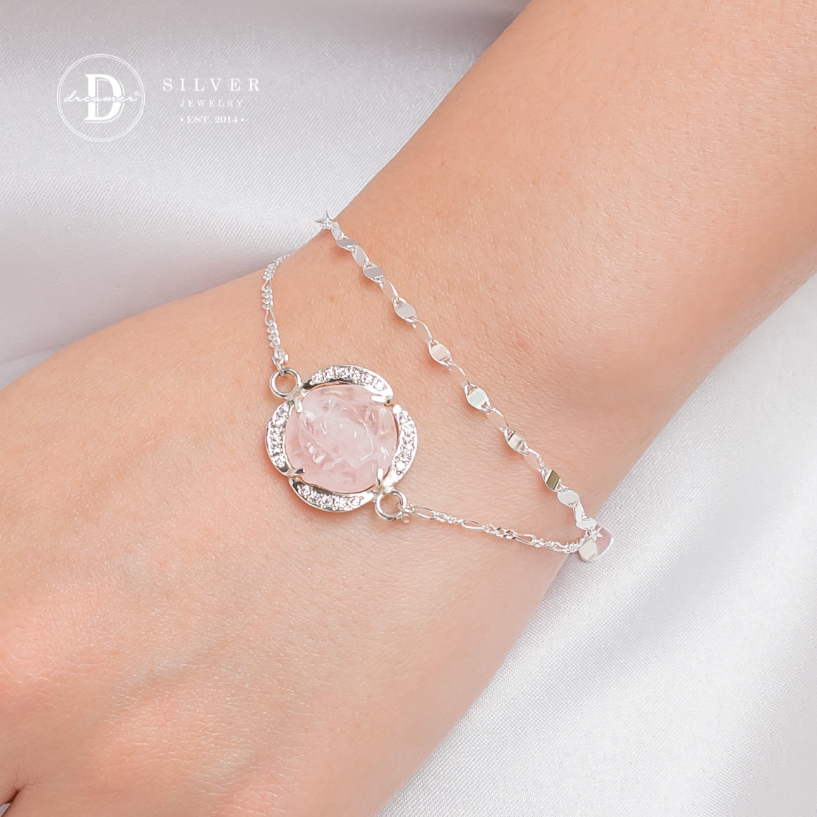 Lắc Tay Bạc 925 Đá Thạch Anh Hồng Chạm Kiểu Hoa Mẫu Đơn Viền Bạc Đính Đá - Rose Quartz Gemstone Sterling Silver Bracelet