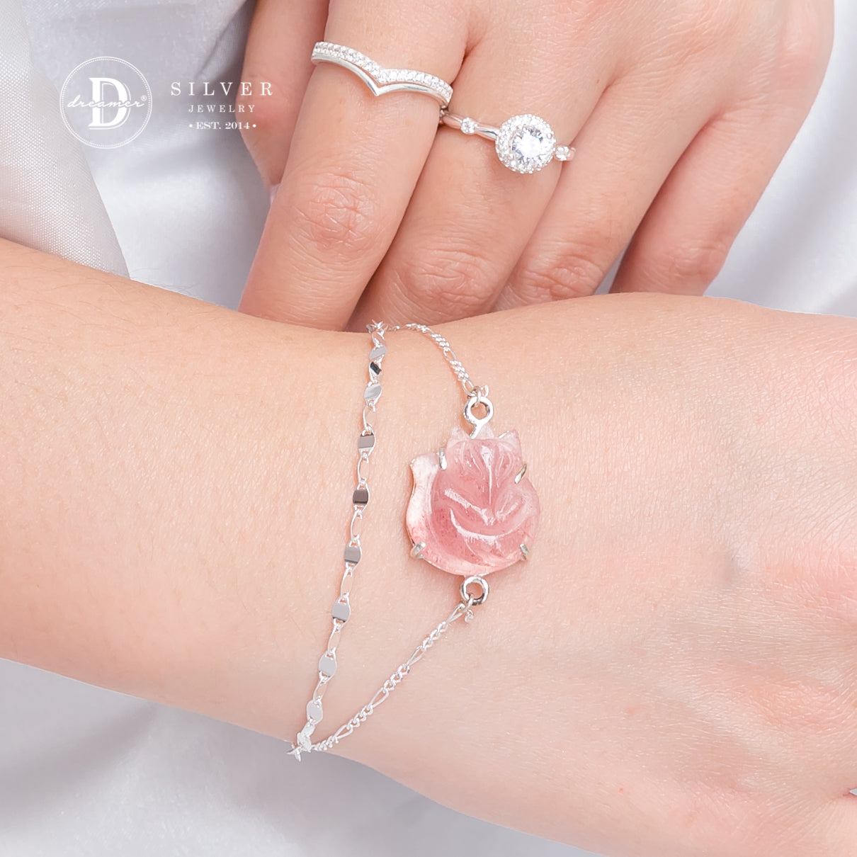 Lắc Tay Bạc 925 Hồ Ly Đá Thạch Anh Dâu Hồng - Quartz Gemstone Sterling Silver Bracelet