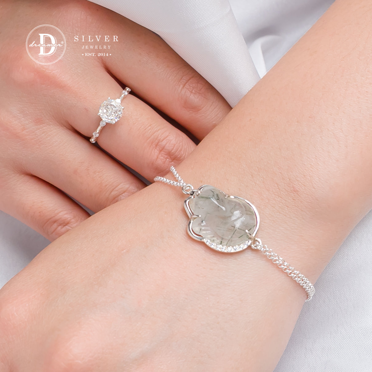 Lắc Tay Bạc 925 Hồ Ly Đá Thạch Anh Tóc Xanh Lá - Quartz Gemstone Sterling Silver Bracelet