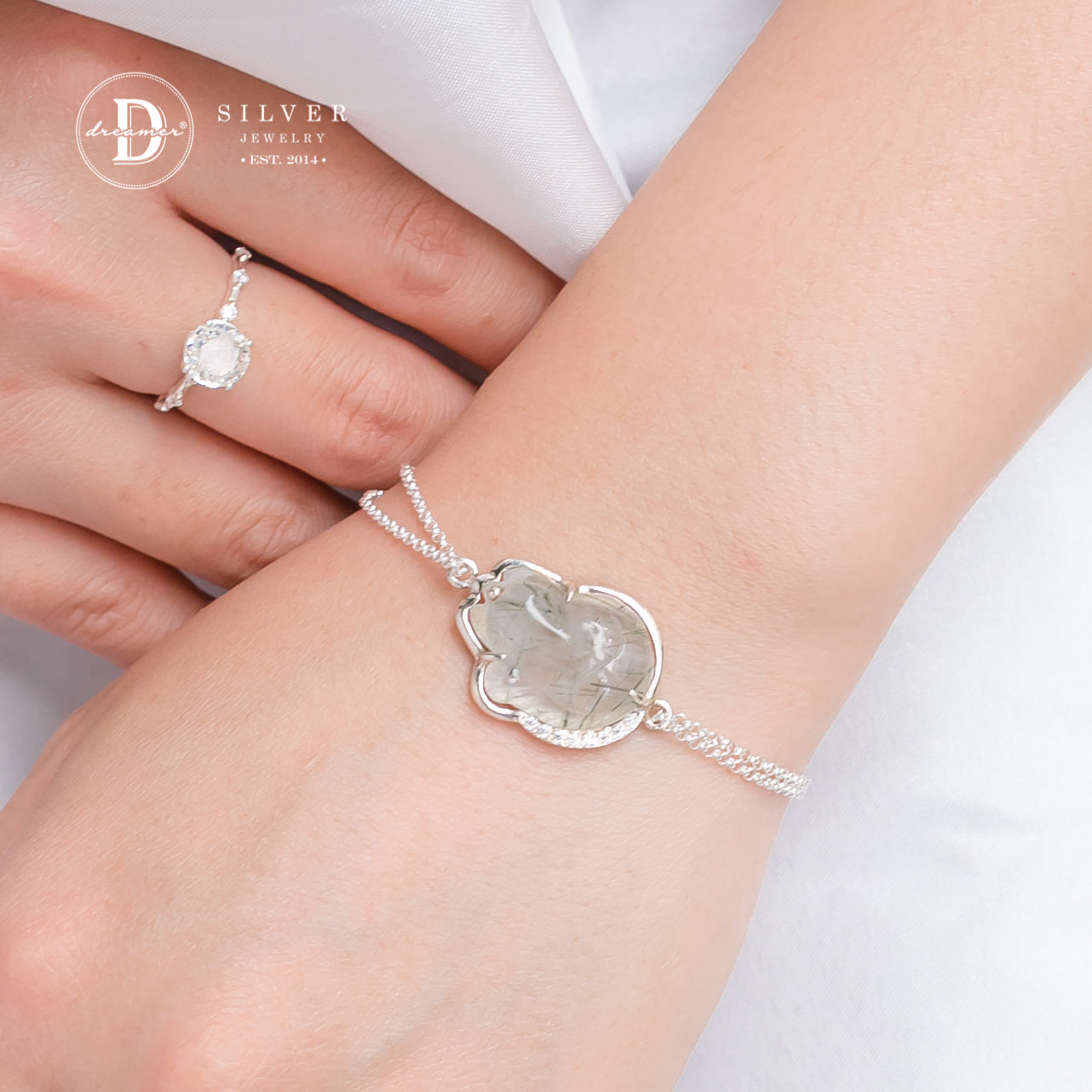 Lắc Tay Bạc 925 Hồ Ly Đá Thạch Anh Tóc Xanh Lá - Quartz Gemstone Sterling Silver Bracelet