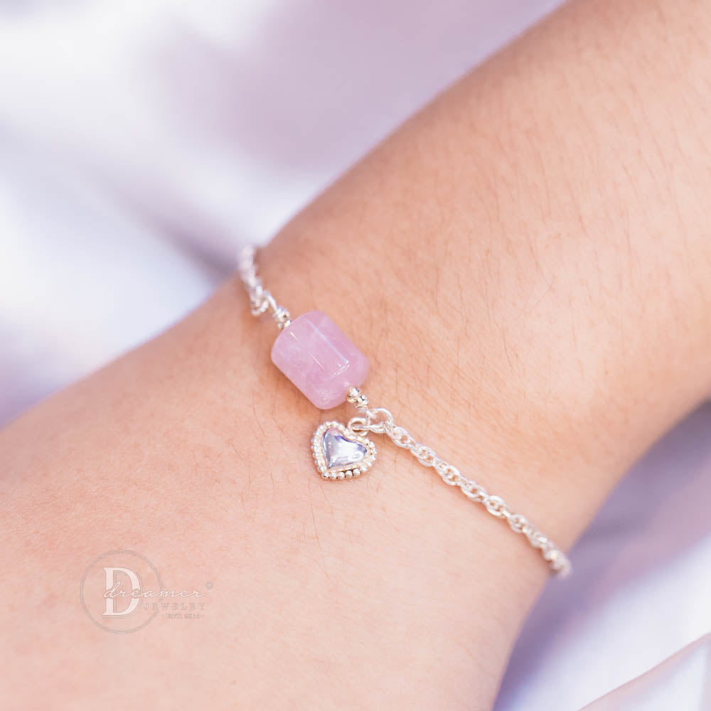 Lắc Tay Bạc 925 Thạch Anh Hồng Dáng Lu Thống - Charm Trái Tim