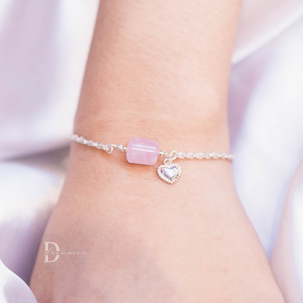 Lắc Tay Bạc 925 Thạch Anh Hồng Dáng Lu Thống - Charm Trái Tim