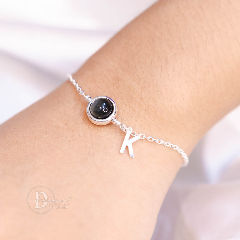 Personalized Black Tiger’s Eye Silver Chain Bracelet – Alphabet Option