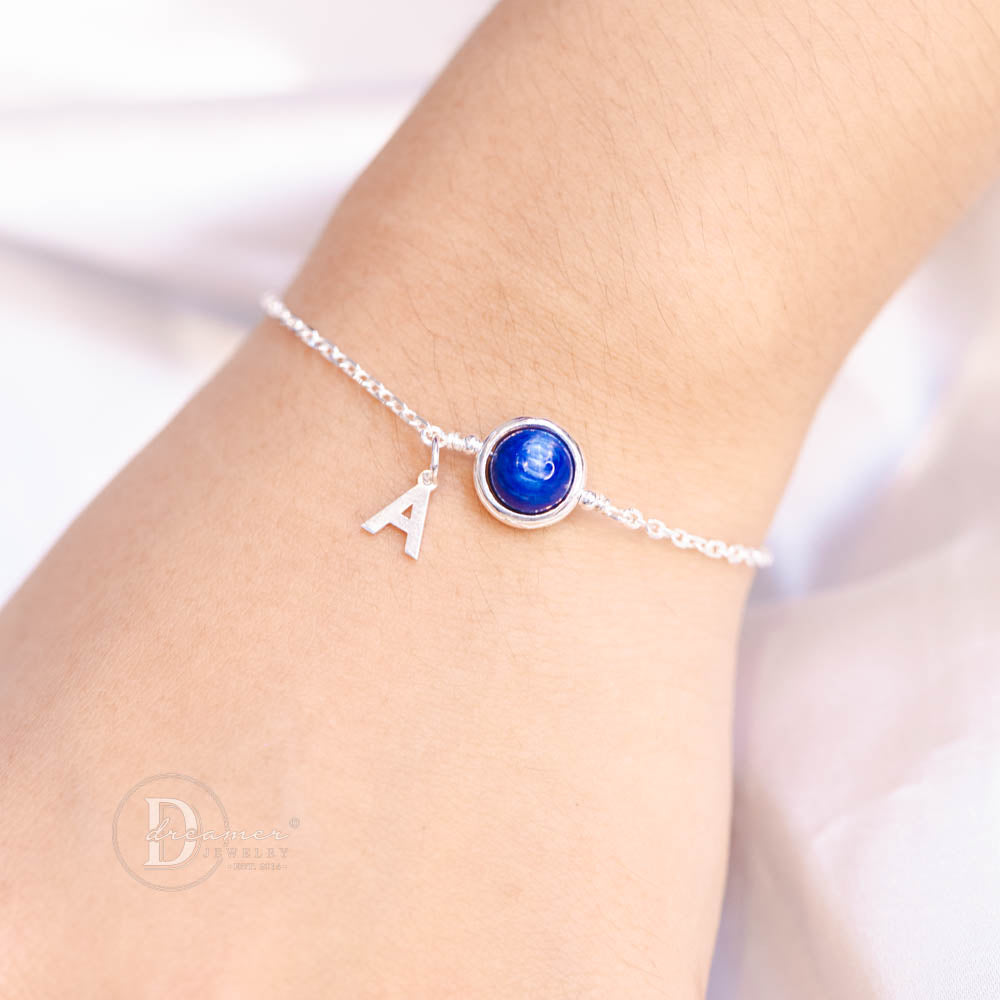 Lắc Tay Bạc 925 Đá Kyanite Tự Nhiên – Tùy Chọn Gắn Chữ Alphabet