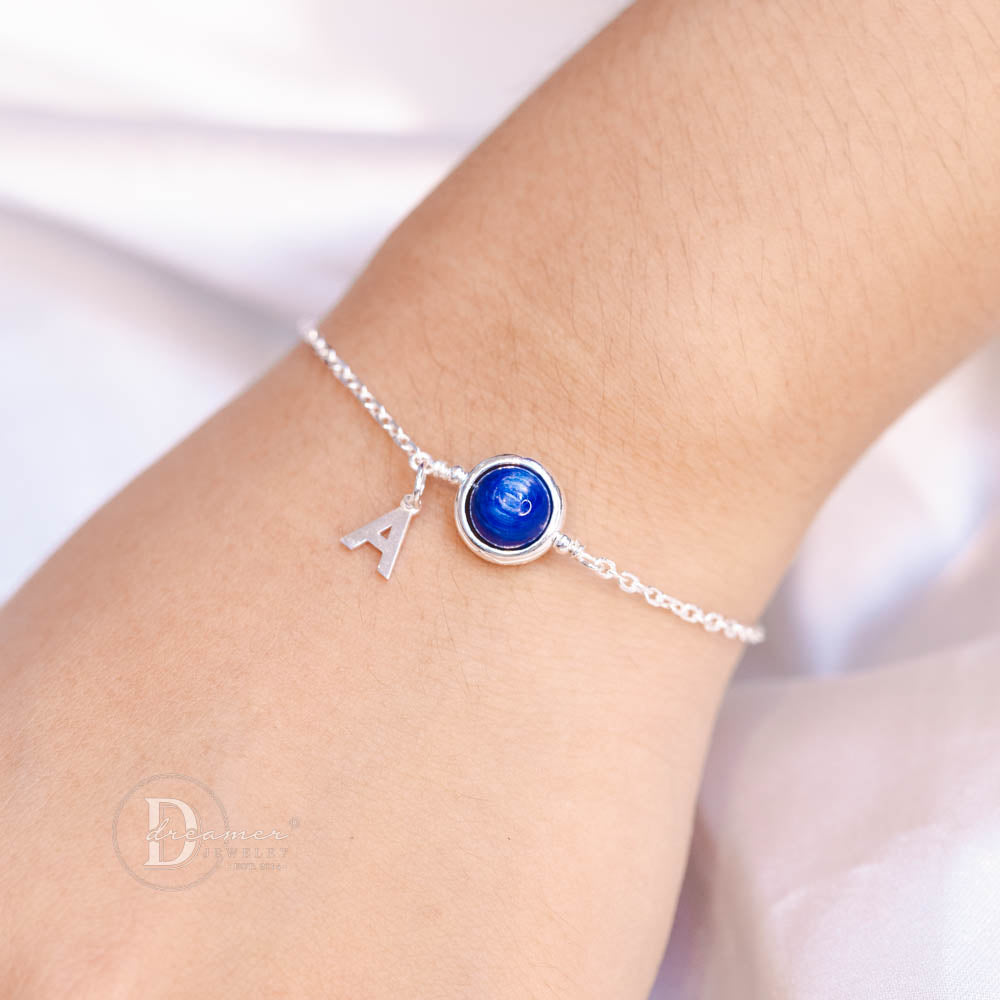 Lắc Tay Bạc 925 Đá Kyanite Tự Nhiên – Tùy Chọn Gắn Chữ Alphabet
