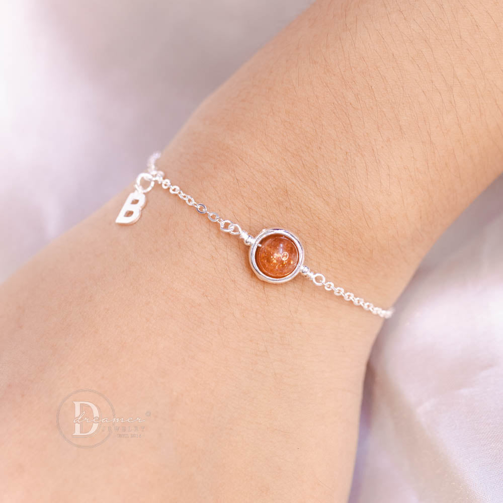 Lắc Tay Bạc 925 Đá Sunstone Tự Nhiên – Tùy Chọn Gắn Chữ Alphabet