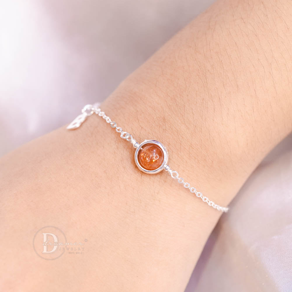 Lắc Tay Bạc 925 Đá Sunstone Tự Nhiên – Tùy Chọn Gắn Chữ Alphabet
