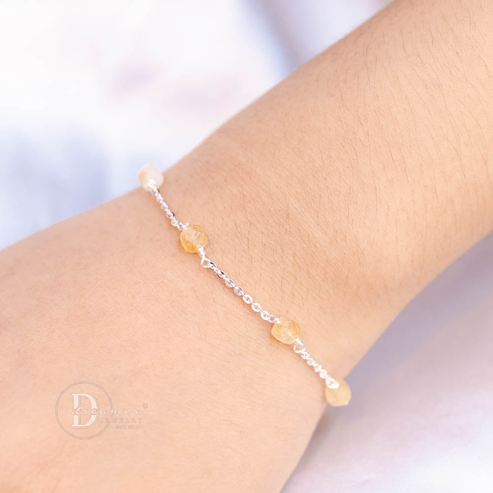 Lắc Tay Bạc 925 Phối Đá Thạch Anh Vàng Thô (Raw Citrine) Tự Nhiên