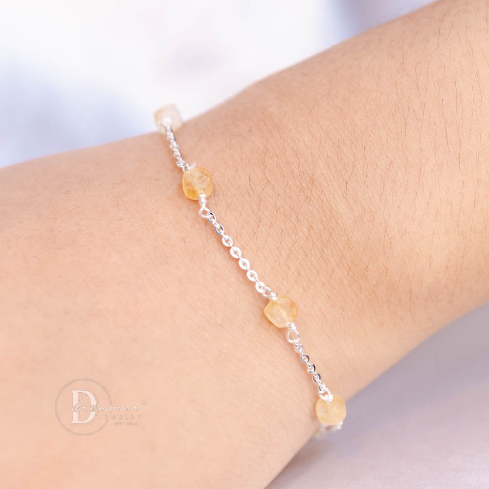 Lắc Tay Bạc 925 Phối Đá Thạch Anh Vàng Thô (Raw Citrine) Tự Nhiên