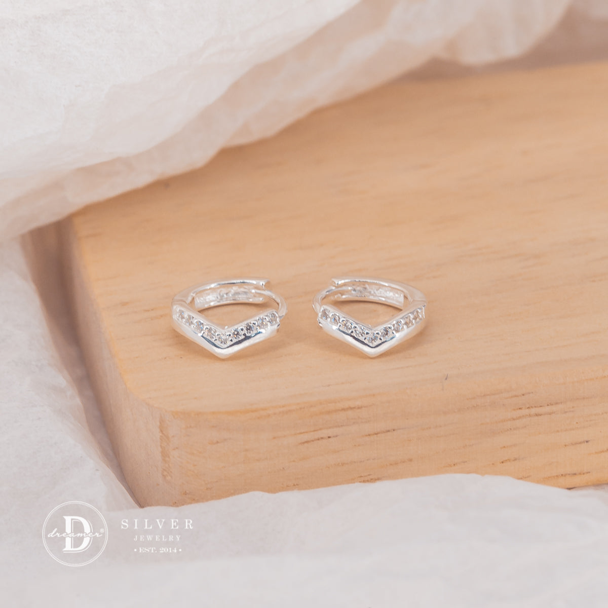Bông Tai Khoen Tròn Đính Đá Size 10mm- V Curve Line Silver Hoops Earrings 3155BTK