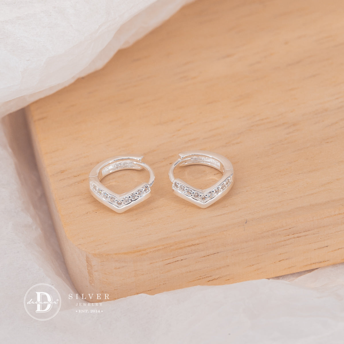 Bông Tai Khoen Tròn Đính Đá Size 10mm- V Curve Line Silver Hoops Earrings 3155BTK