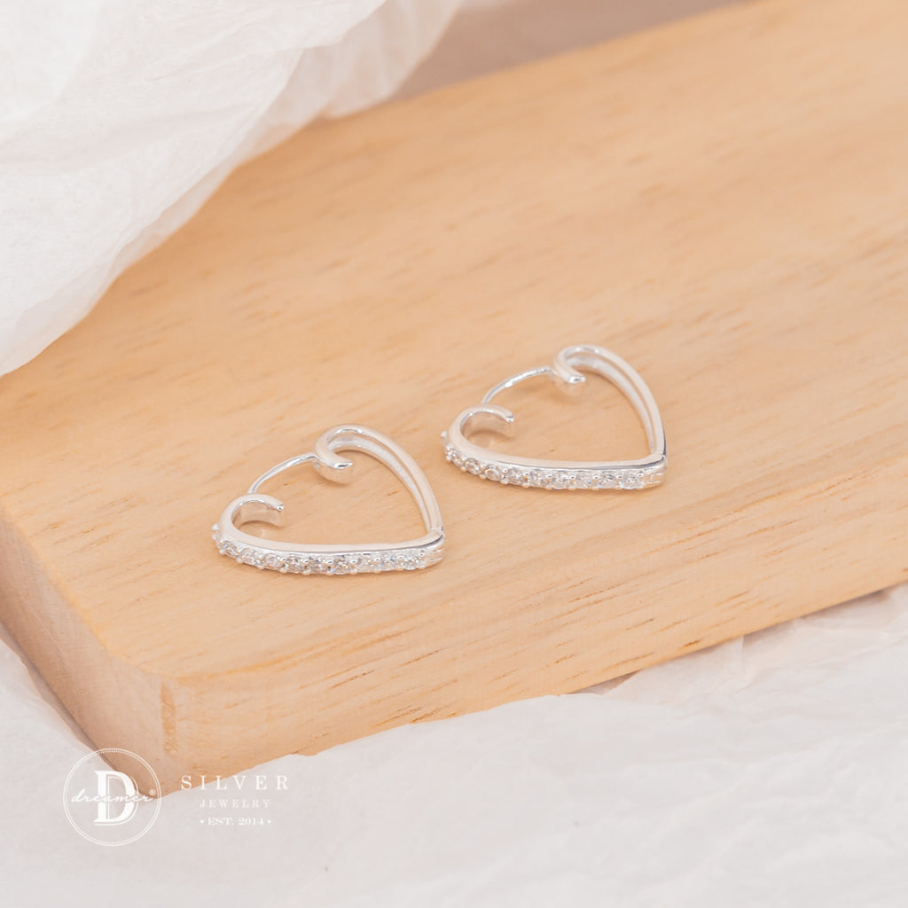 Bông Tai Khoen Trái Tim Đính Đá - Heart Hoops Sterling Silver 3052BTK