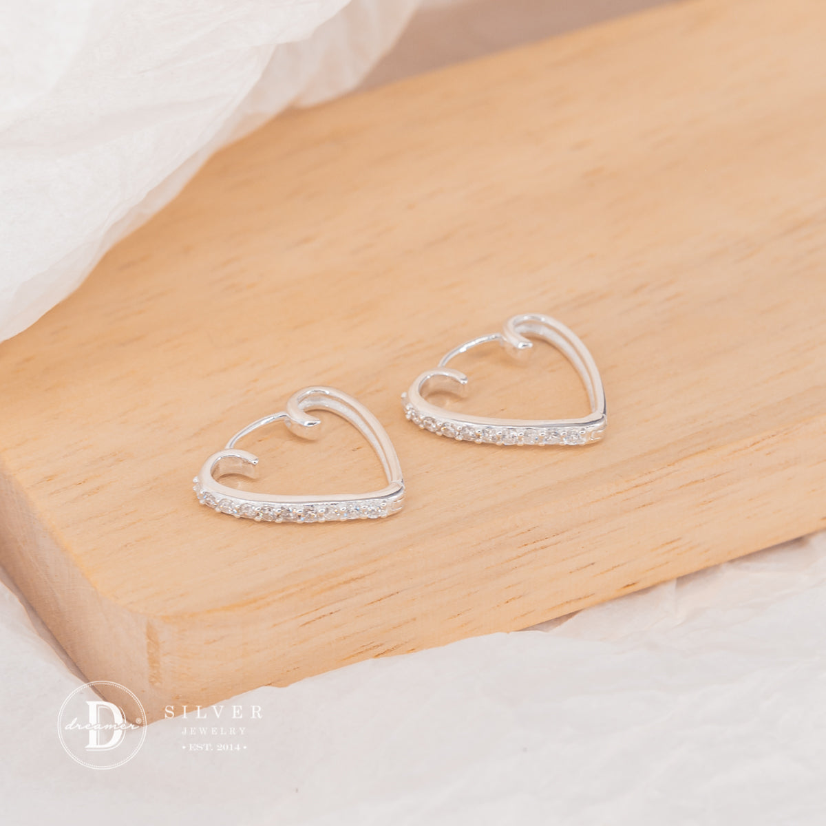 Bông Tai Khoen Trái Tim Đính Đá - Heart Hoops Sterling Silver 3052BTK