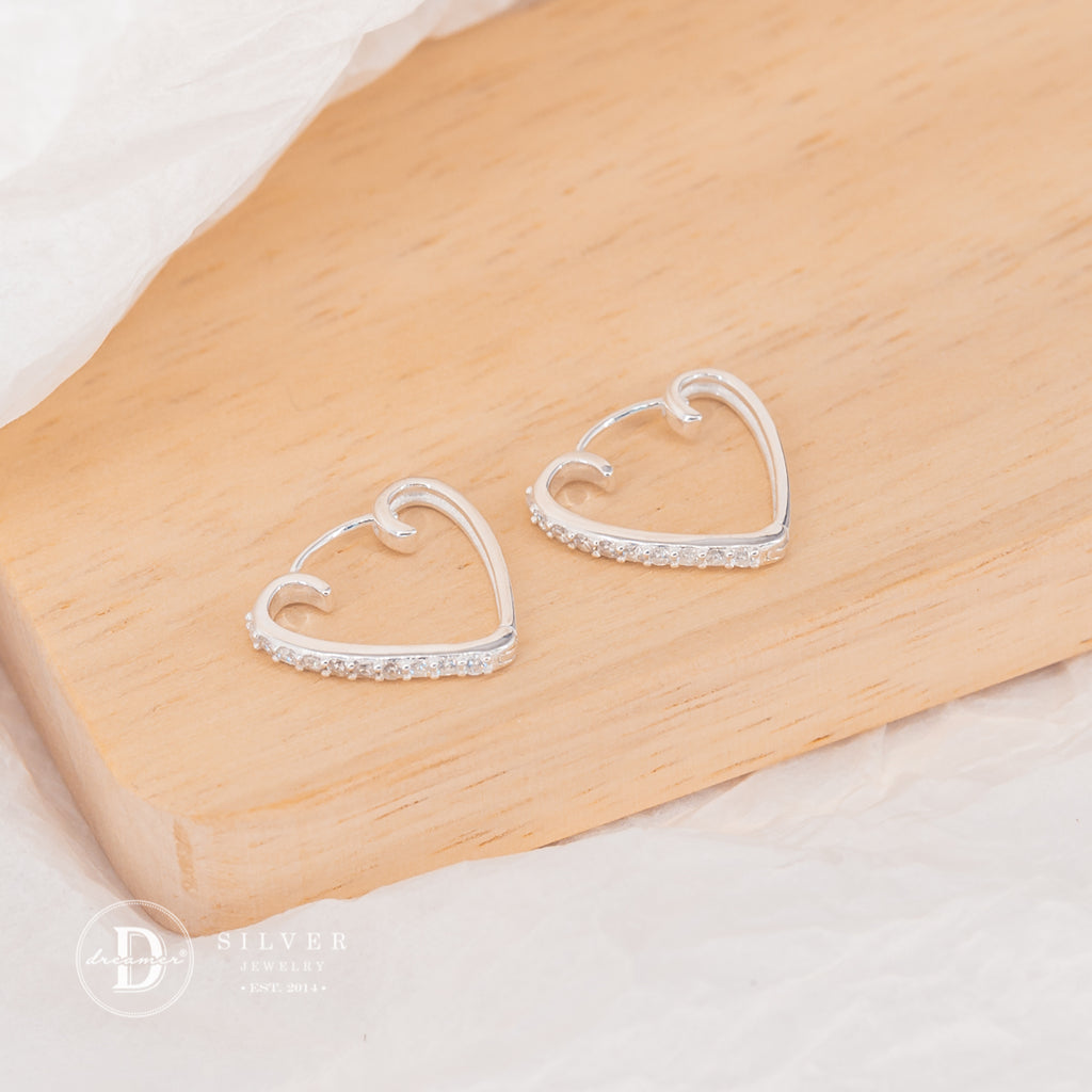 Bông Tai Khoen Trái Tim Đính Đá - Heart Hoops Sterling Silver 3052BTK