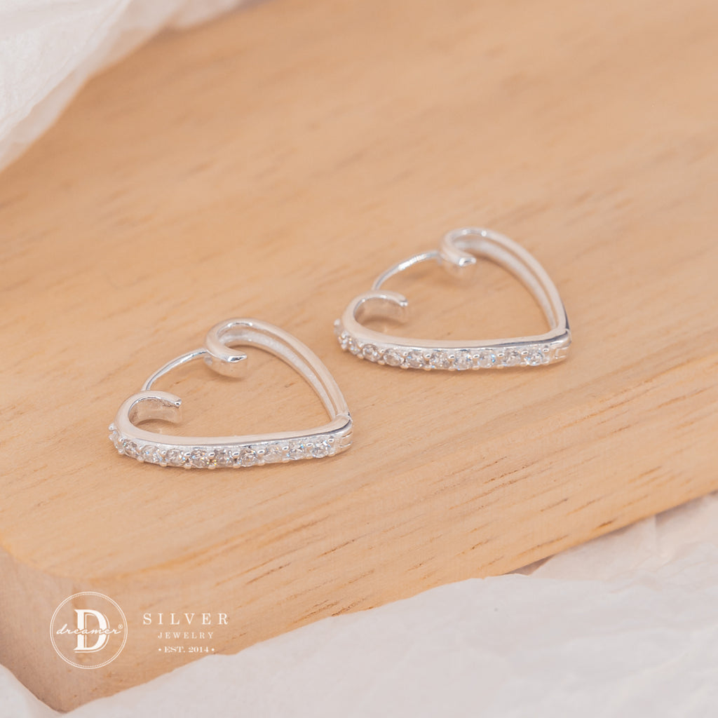 Bông Tai Khoen Trái Tim Đính Đá - Heart Hoops Sterling Silver 3052BTK