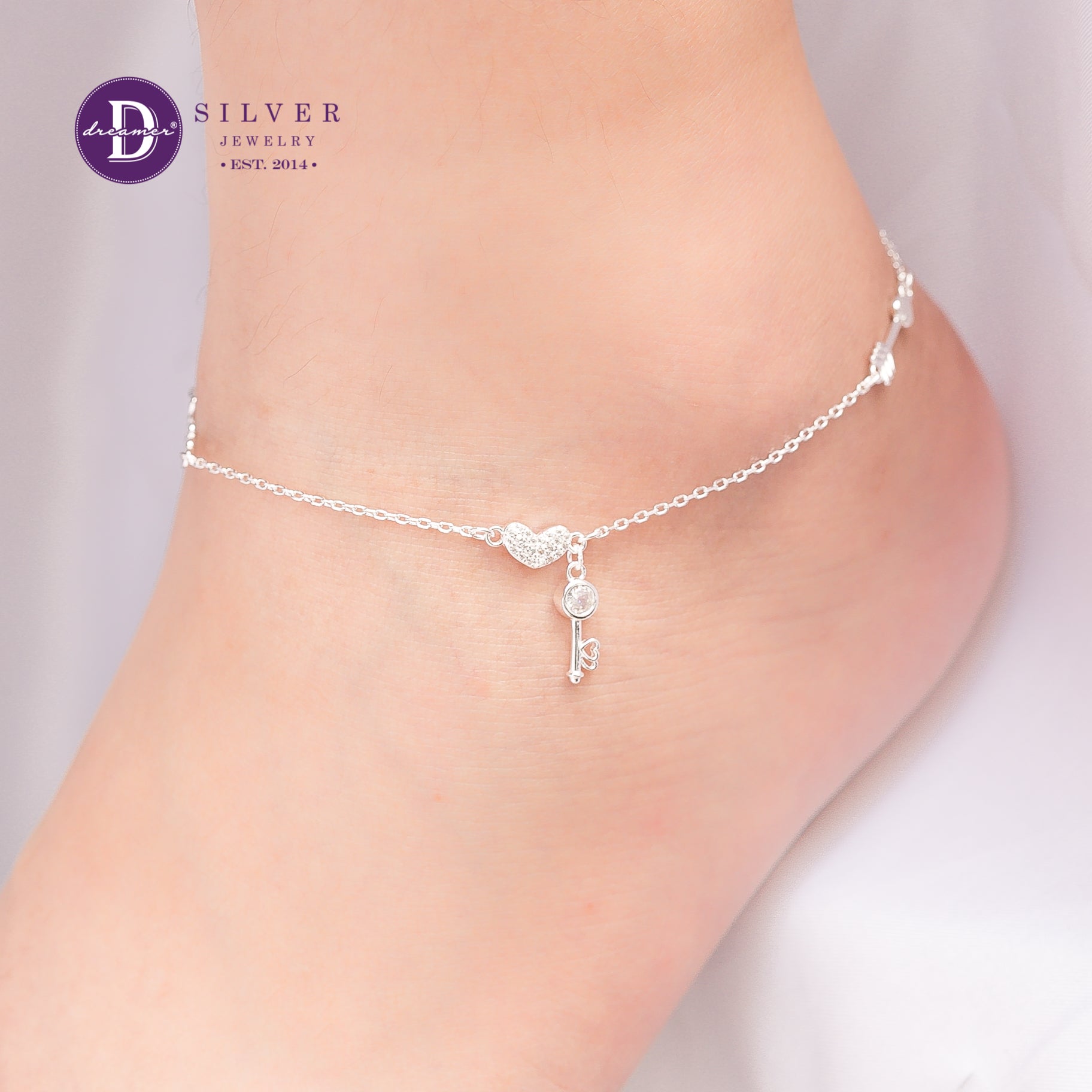 Lắc Chân Freesize Trái Tim Chìa Khoá Đính Đá - Love Heart Key Adjustable Silver Anklet Sterling Silver 204LCH