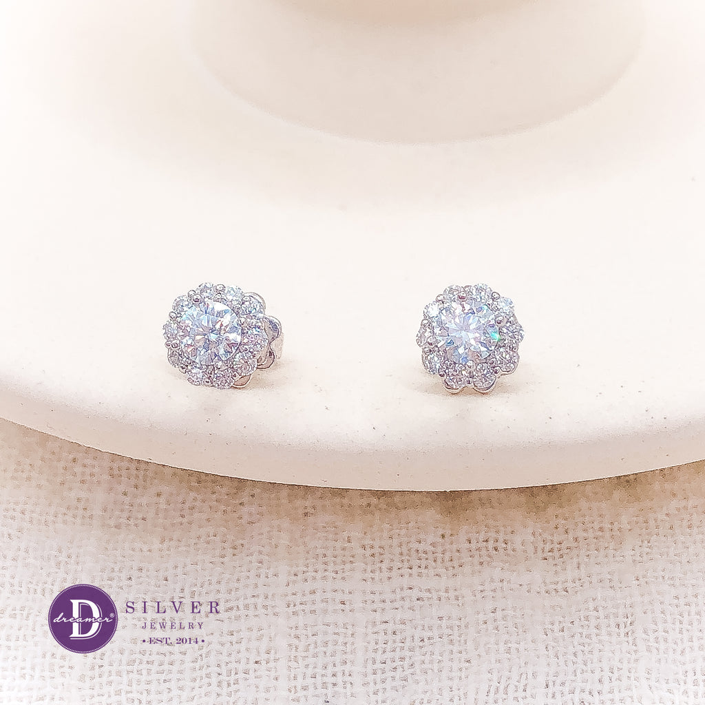 Bông Tai Bạc 950 Đá Moissanite Kiểu Halo Hoa Viên Chủ 7li - Moissanite Premium Silver Earrings