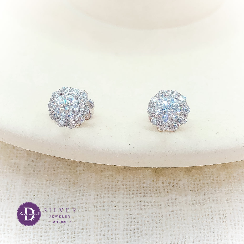 Bông Tai Bạc 950 Đá Moissanite Kiểu Halo Hoa Viên Chủ 7li - Moissanite Premium Silver Earrings