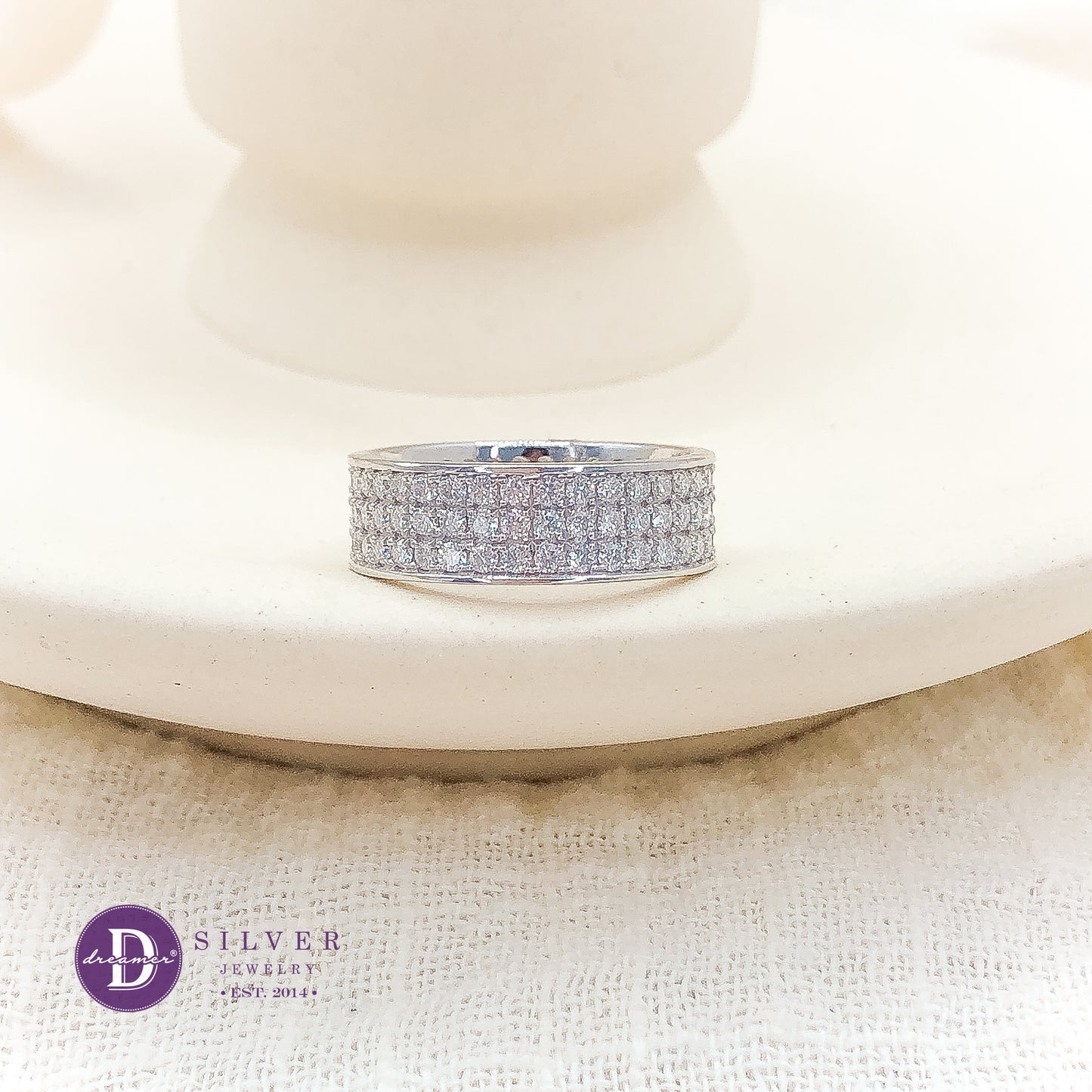 Nhẫn Bạc 950 3 Line Đá Moissanite 1.5li - Bản 6mm - Eternity Moissanite Diamond Silver Ring