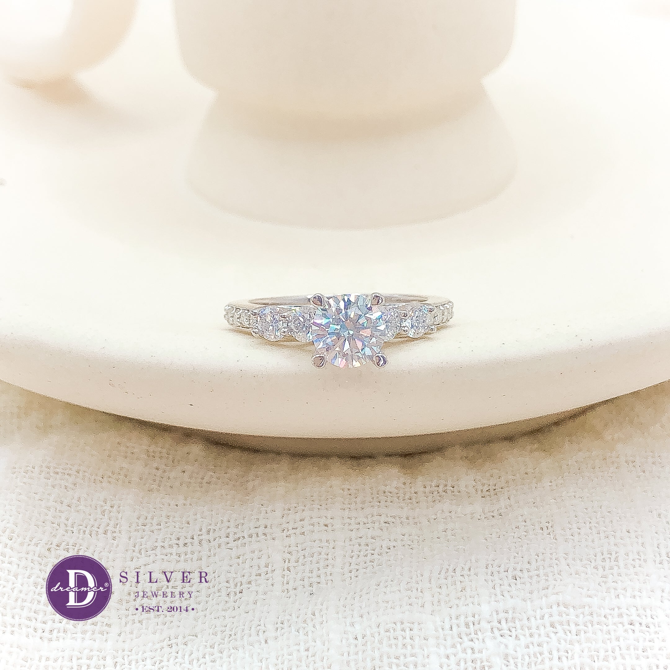 Nhẫn Bạc 950 Đá Moissanite 6li 4 Chấu Đai 4 Viên Đá Moi 3li - Moissanite Diamond Silver Ring
