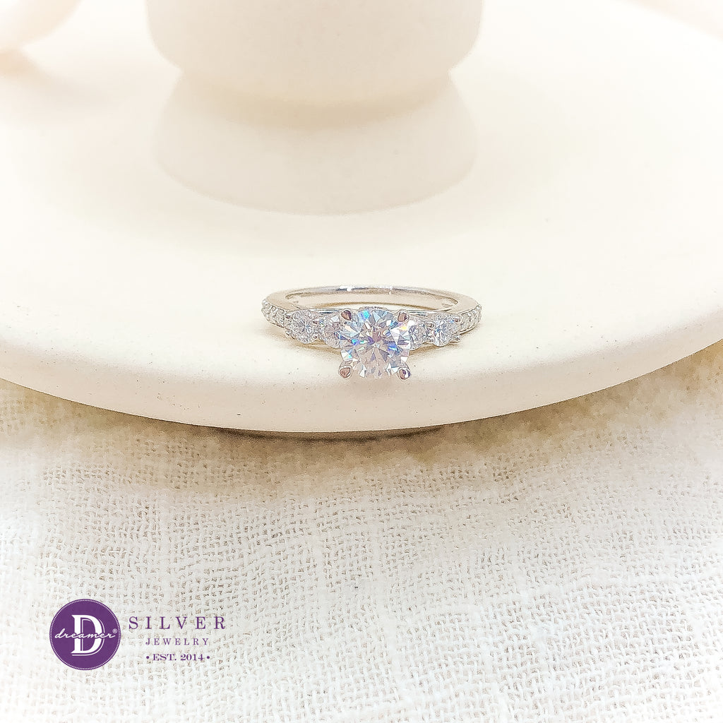 Nhẫn Bạc 950 Đá Moissanite 6li 4 Chấu Đai 4 Viên Đá Moi 3li - Moissanite Diamond Silver Ring