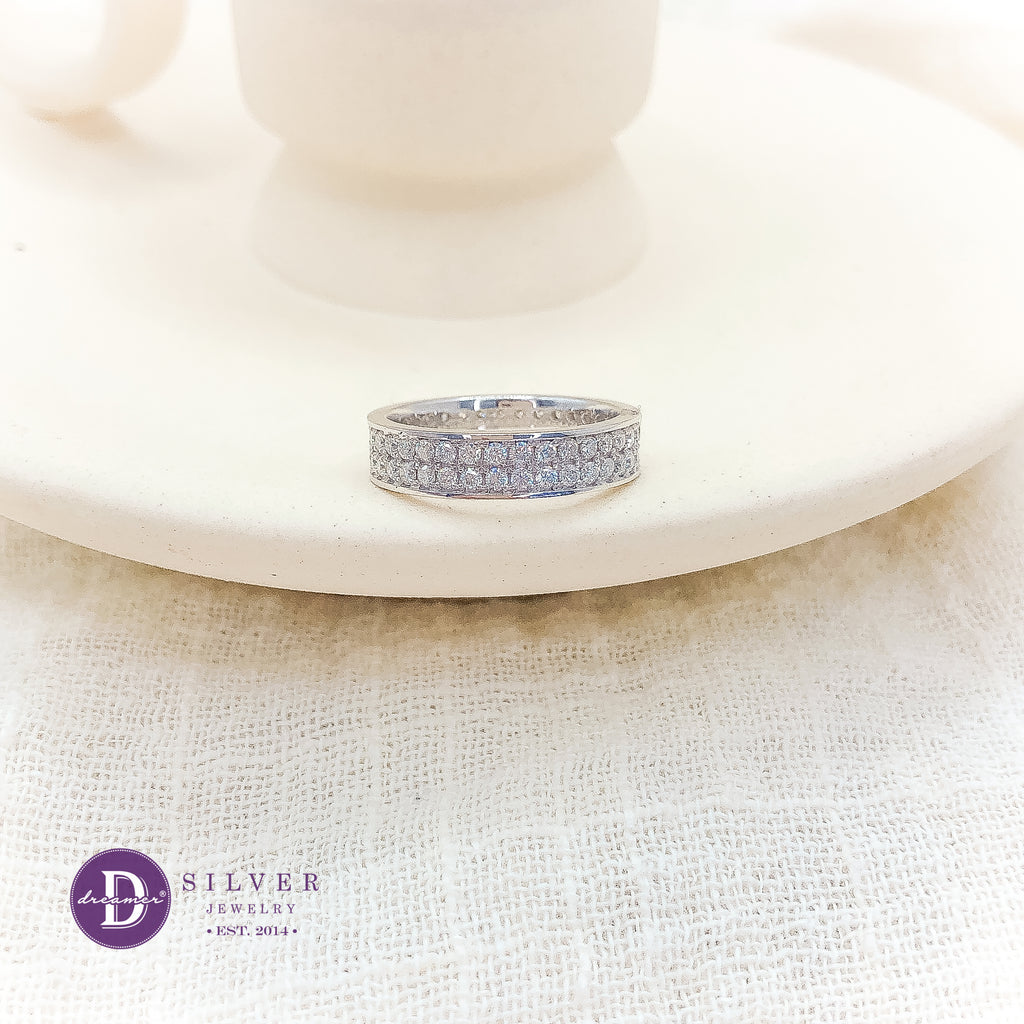 Nhẫn Bạc 950 2 Line Đá Moissanite 1.5li - Bản 4mm - Eternity Moissanite Diamond Silver Ring