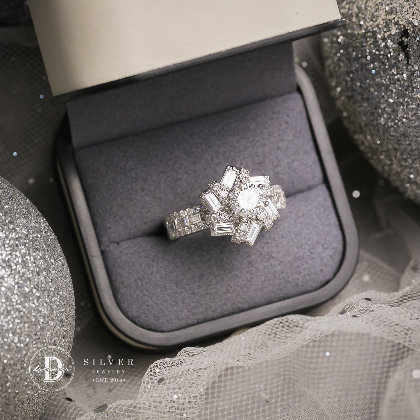 Nhẫn Bạc 950 Đá Moissanite 6li Ổ Hoa Xoáy Đính Baguette - Snowflake Flower Moissanite Diamond Silver Ring