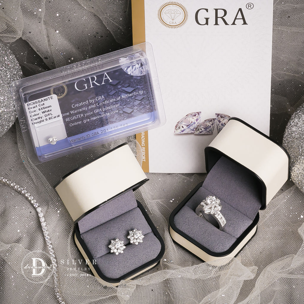 Nhẫn Bạc 950 Đá Moissanite 7li Ổ Hoa 4 Chấu Trái Tim 1 Line Đá - Moissanite Diamond Silver Ring