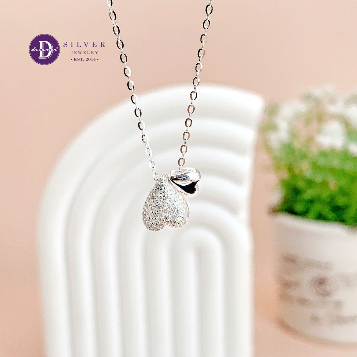 Dây Chuyện Bạc 925 Mặt Trái Tim Kép Đính Đá Pavé & Trơn Sáng