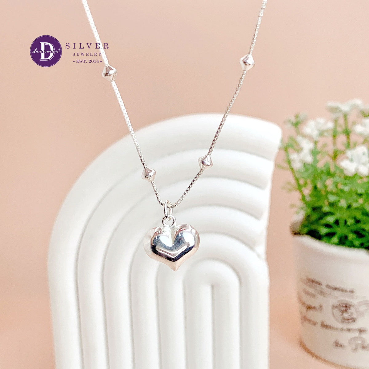 Dây Chuyện Bạc 925 Mặt Trái Tim Phồng 3D Phối Xích Bi Lấp Lánh