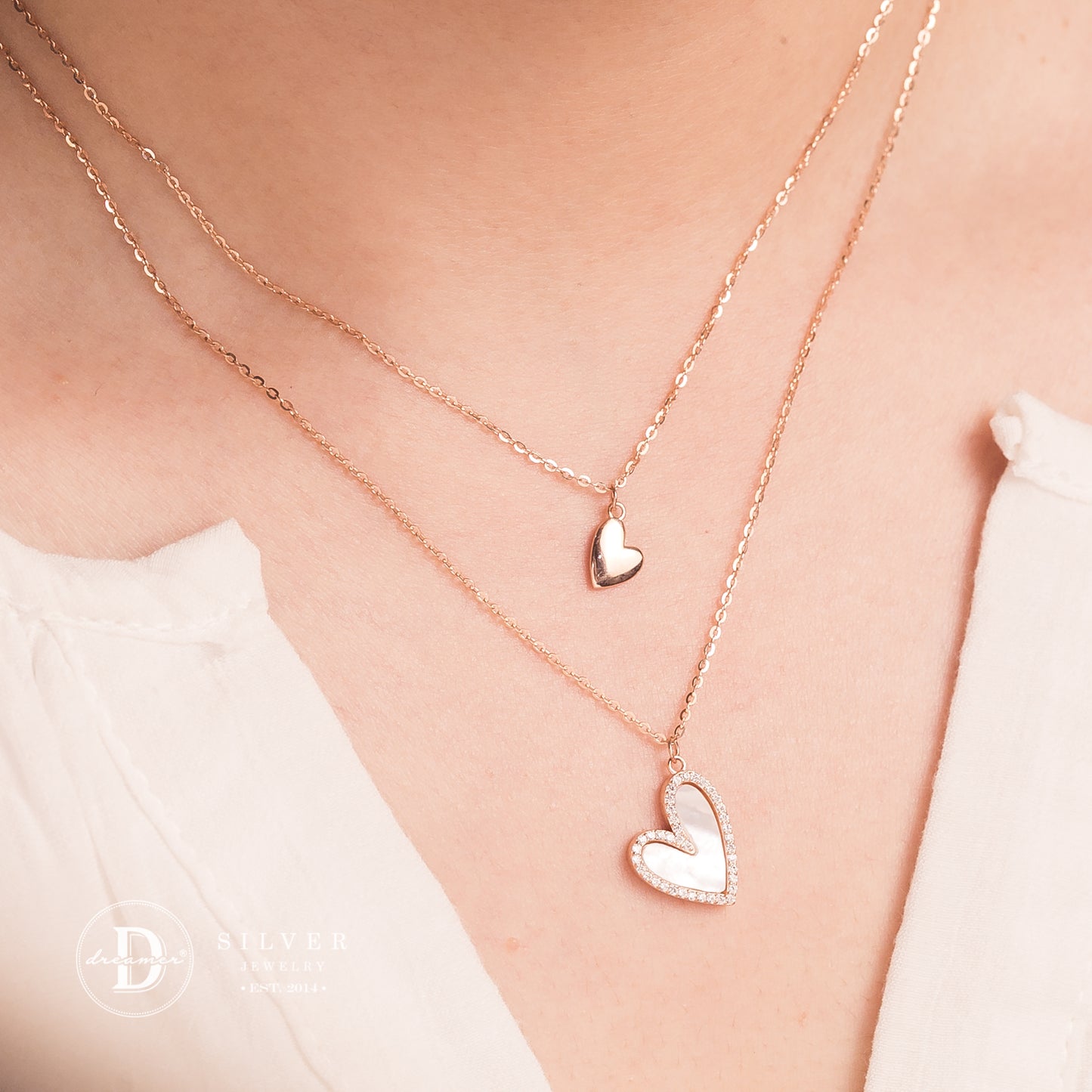 Dây Chuyền Trái Tim Xà Cừ Đính Đá 2 Dây - Rose Gold Heart Silver Necklace 1193DCH