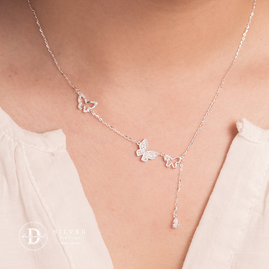 Dây Chuyền 3 Bướm & Dây Đá Giọt Nước Rơi - 3 Butterflies Silver Necklace