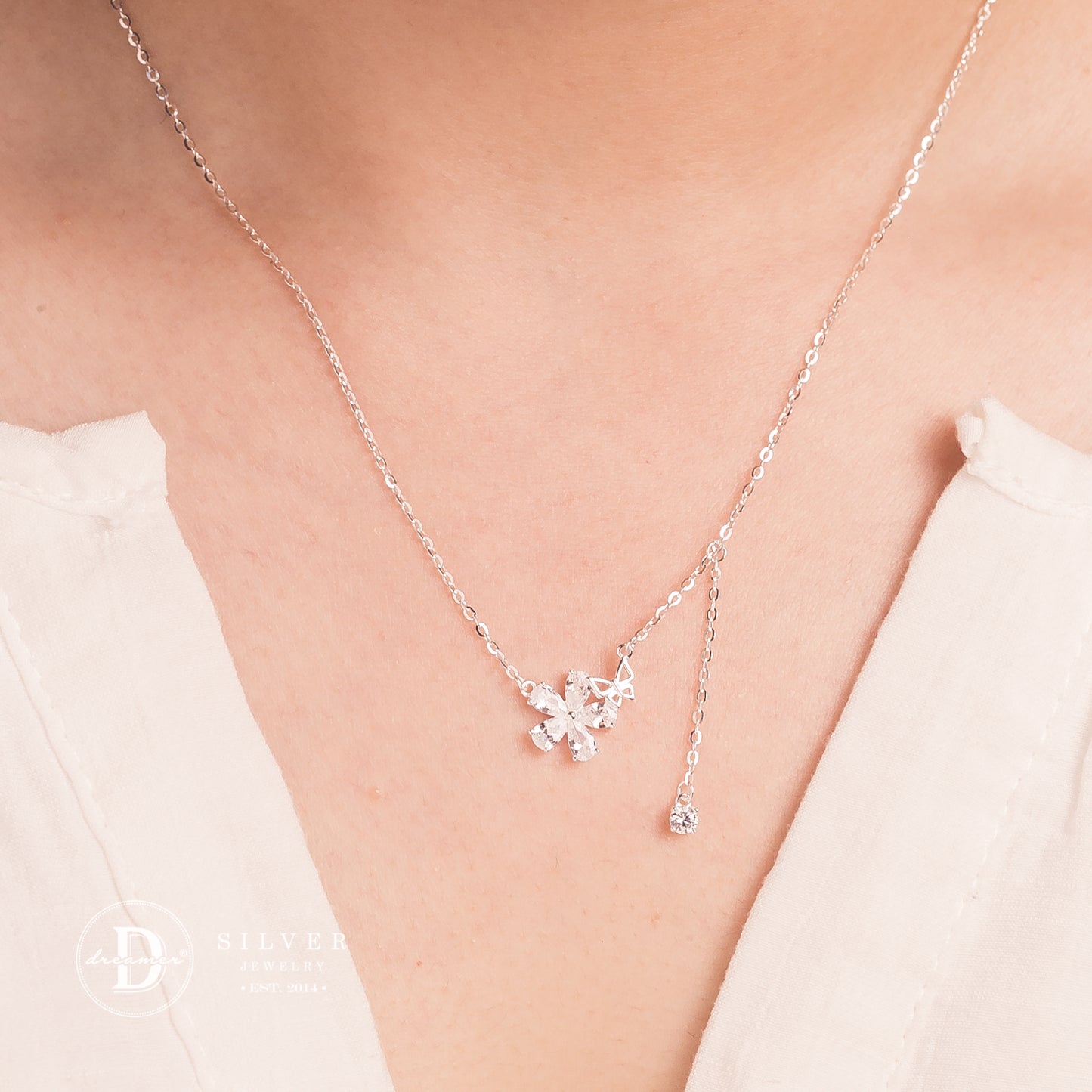 Dây Chuyền Hoa 5 Cánh Đá Giọt Nước & Bướm - Butterfly & Flower Silver Necklace