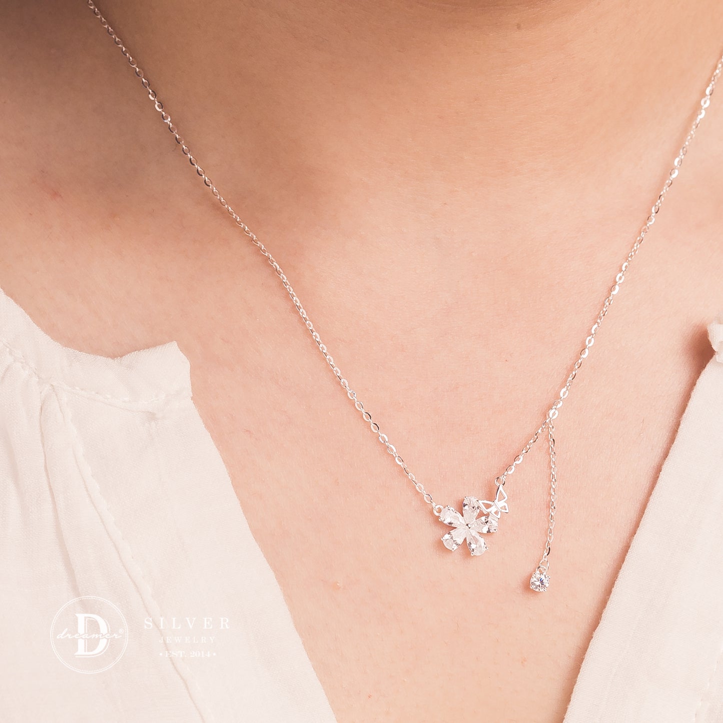 Dây Chuyền Hoa 5 Cánh Đá Giọt Nước & Bướm - Butterfly & Flower Silver Necklace