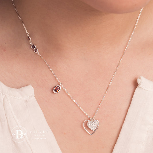 Dây Chuyền 2 Trái Tim & Đá Ruby Đỏ - Ruby Red Falling Heart Silver Necklace 146DCH