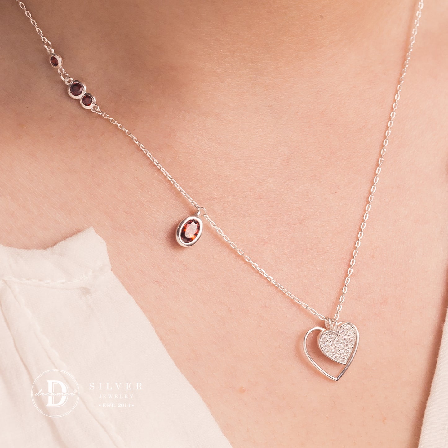 Dây Chuyền 2 Trái Tim & Đá Ruby Đỏ - Ruby Red Falling Heart Silver Necklace 146DCH