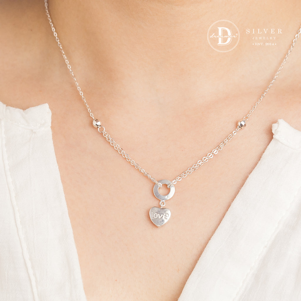 Dây Chuyền Trái Tim Chữ Love Tòn Ten - Circle Love Heart Silver Necklace 314DCH