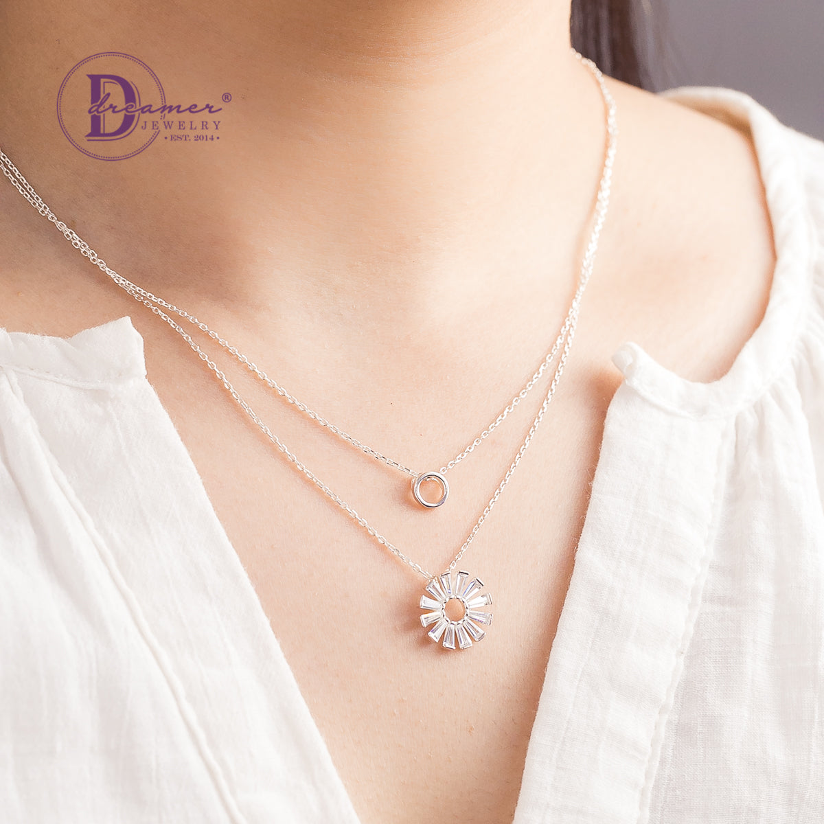 Dây Chuyền Kiểu Layer 2 Dây Hoa Đính Đá Baguette - Flower Layer Double Silver Necklace Chains