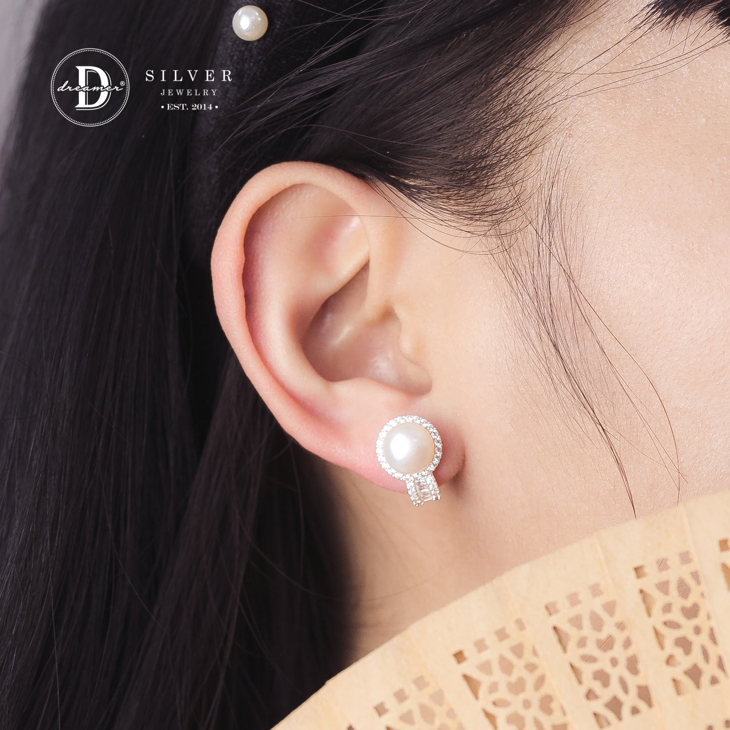 Bông Tai Khoen Gài Premium Ngọc Trai 9li Kiểu Halo Đá Baguette - Pearl Silver Earrings