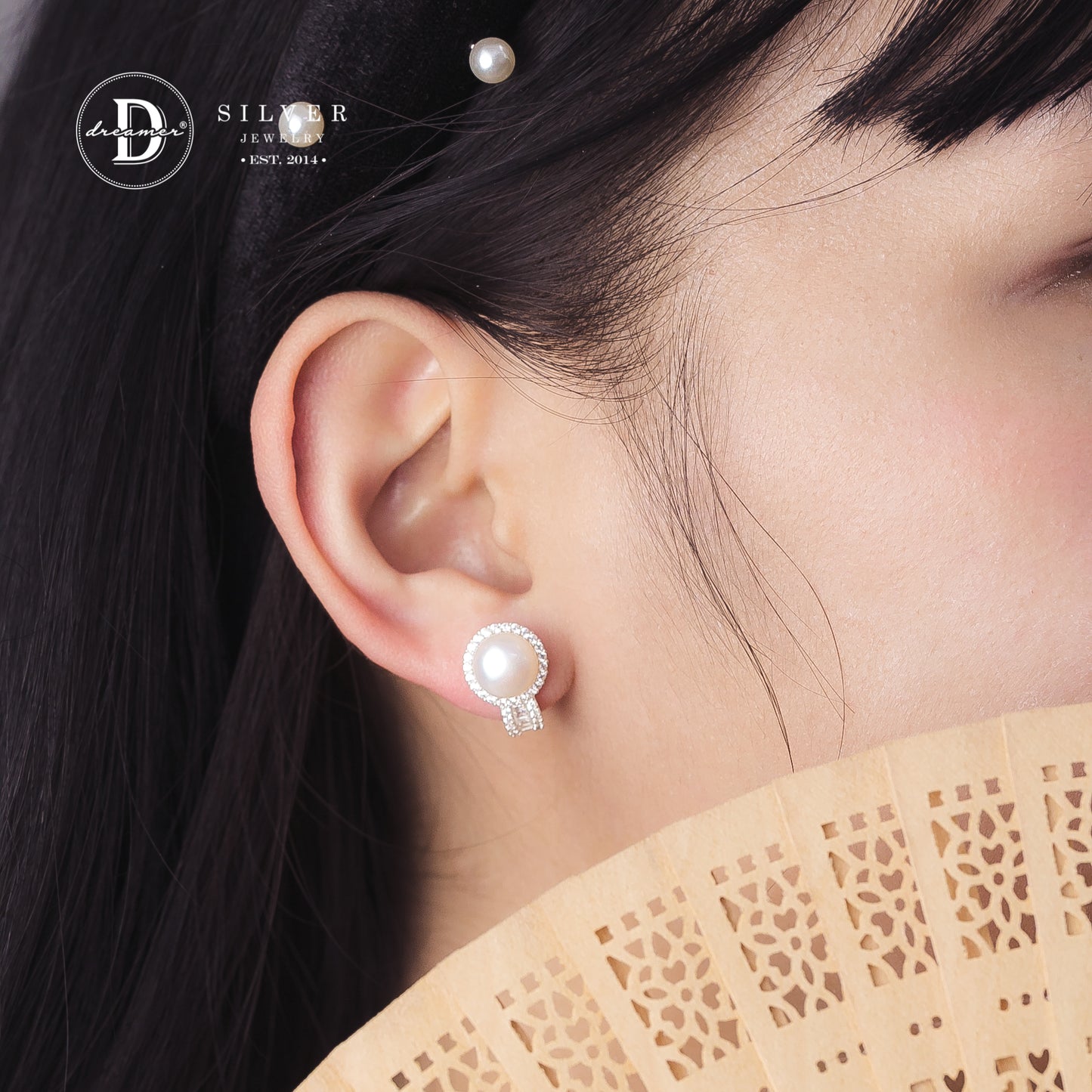 Bông Tai Khoen Gài Premium Ngọc Trai 9li Kiểu Halo Đá Baguette - Pearl Silver Earrings