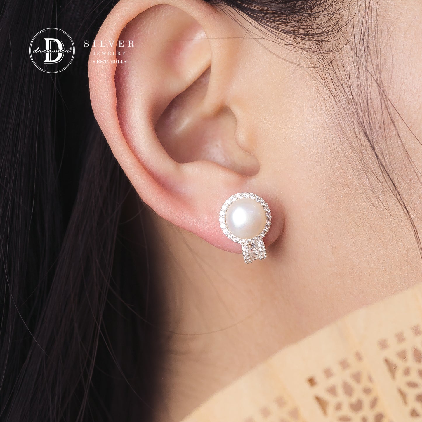 Bông Tai Khoen Gài Premium Ngọc Trai 9li Kiểu Halo Đá Baguette - Pearl Silver Earrings