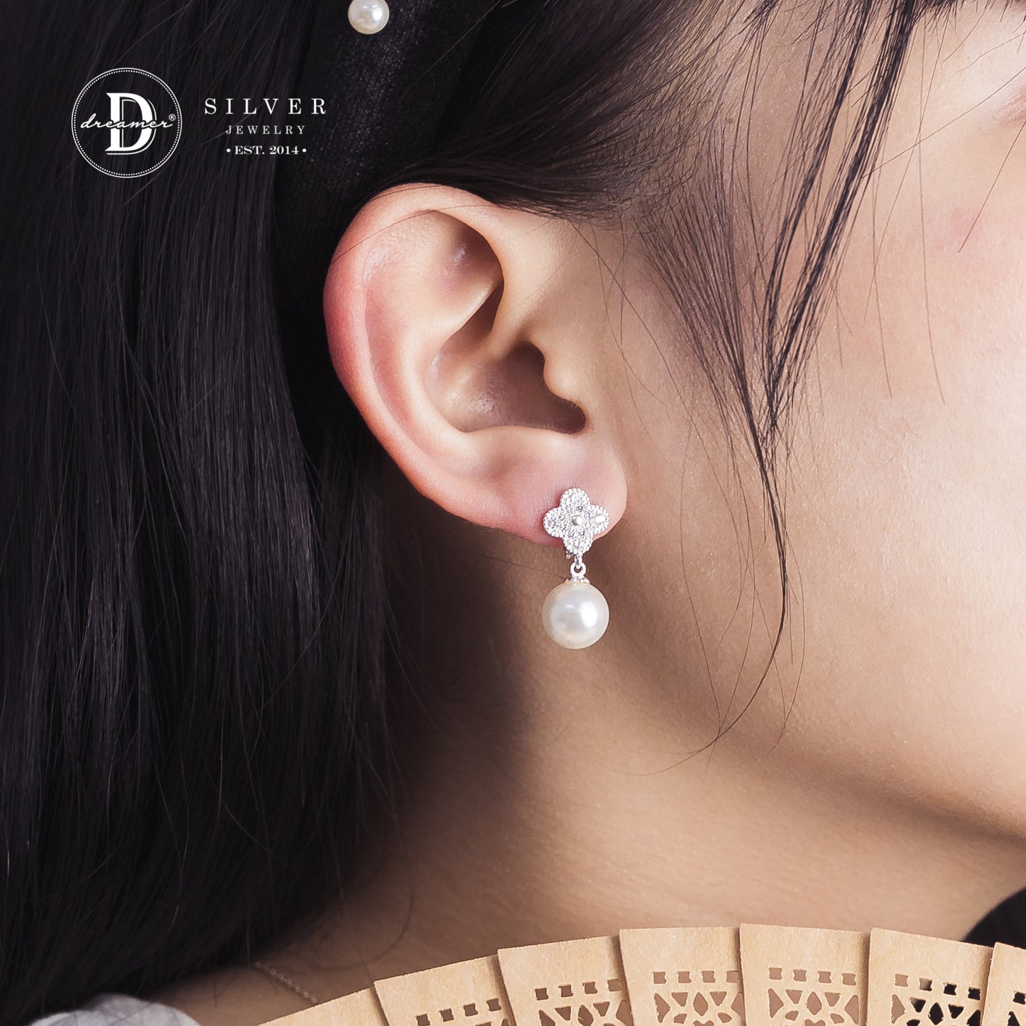 Bông Tai Premium Khoen Gài Ngọc Trai Tòn Ten & Cỏ 4 Lá - Pearl Silver Earrings