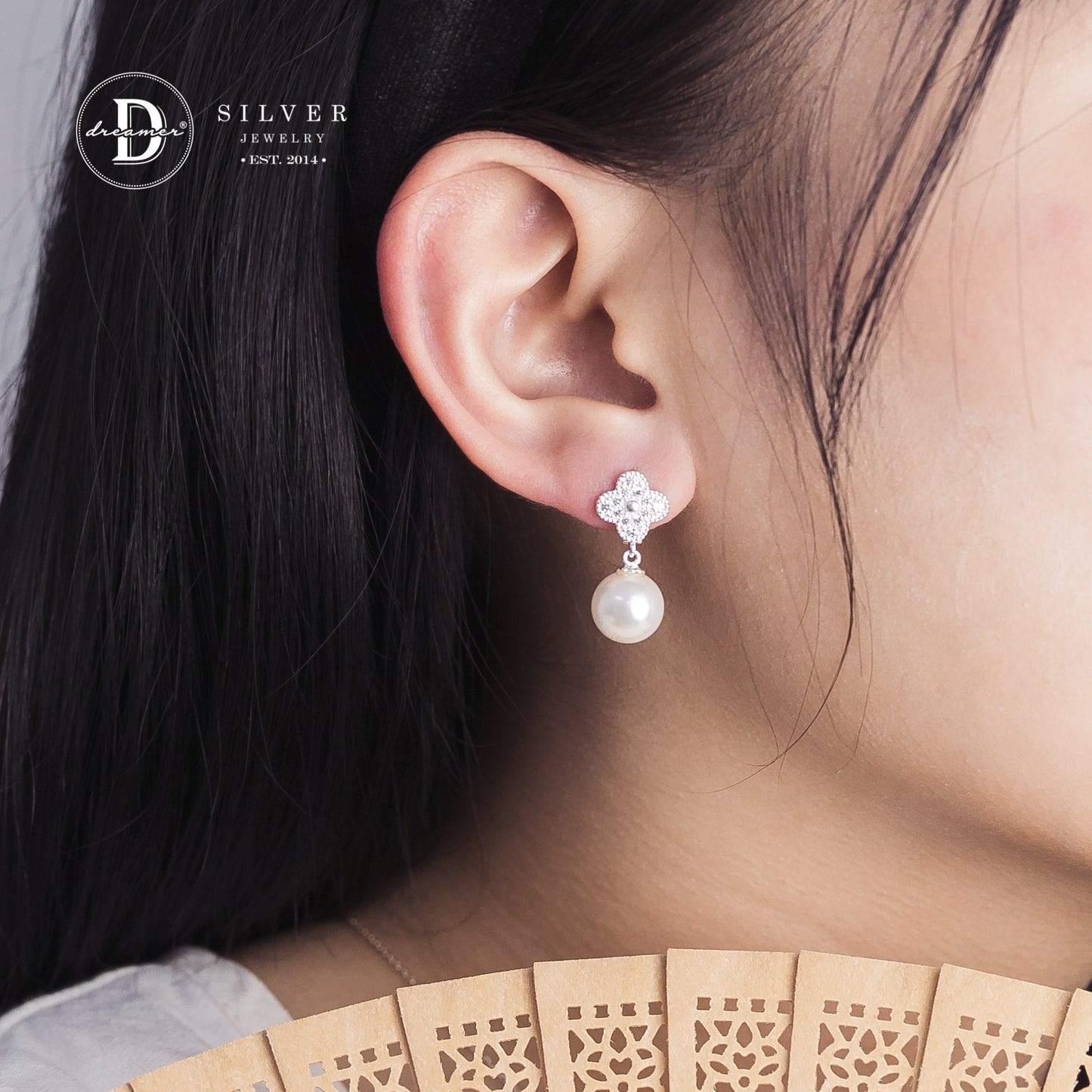 Bông Tai Premium Khoen Gài Ngọc Trai Tòn Ten & Cỏ 4 Lá - Pearl Silver Earrings