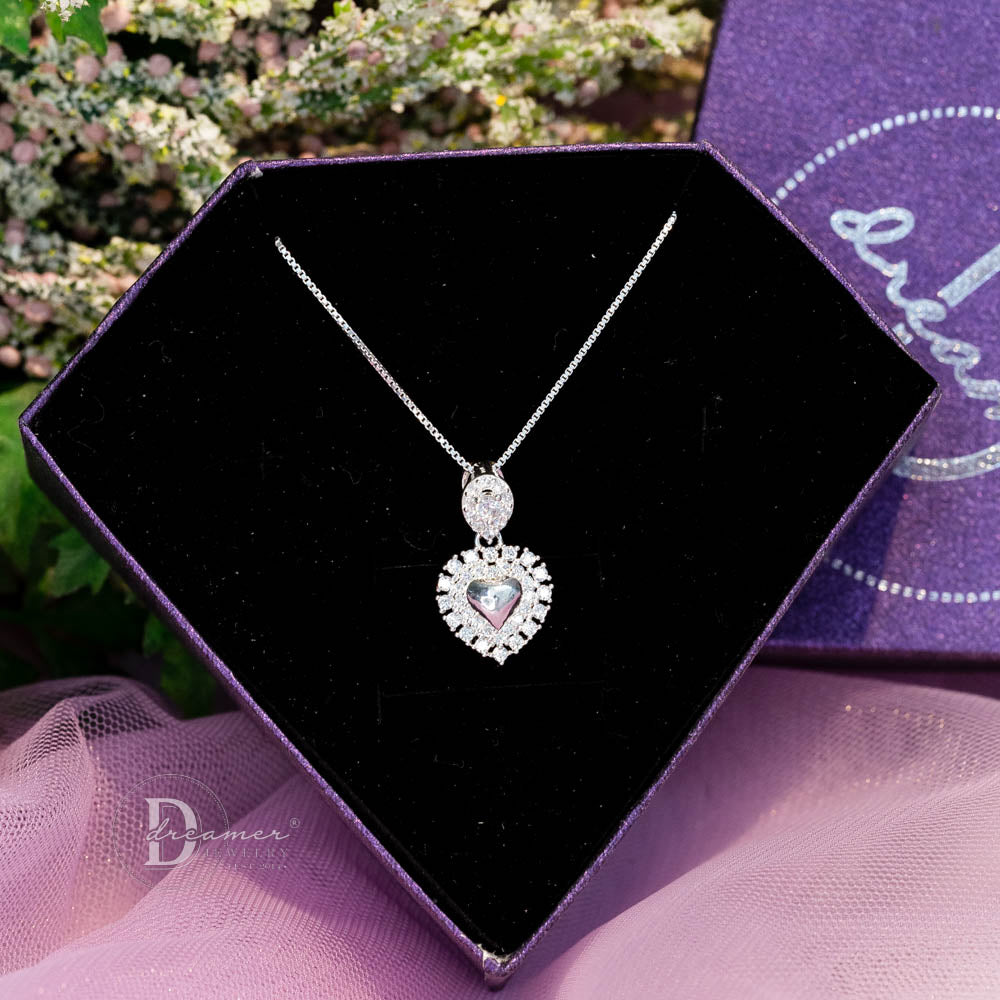 Dây Chuyền Bạc 925 Mặt Trái Tim Halo & Chốt Treo Đá Giọt Nước