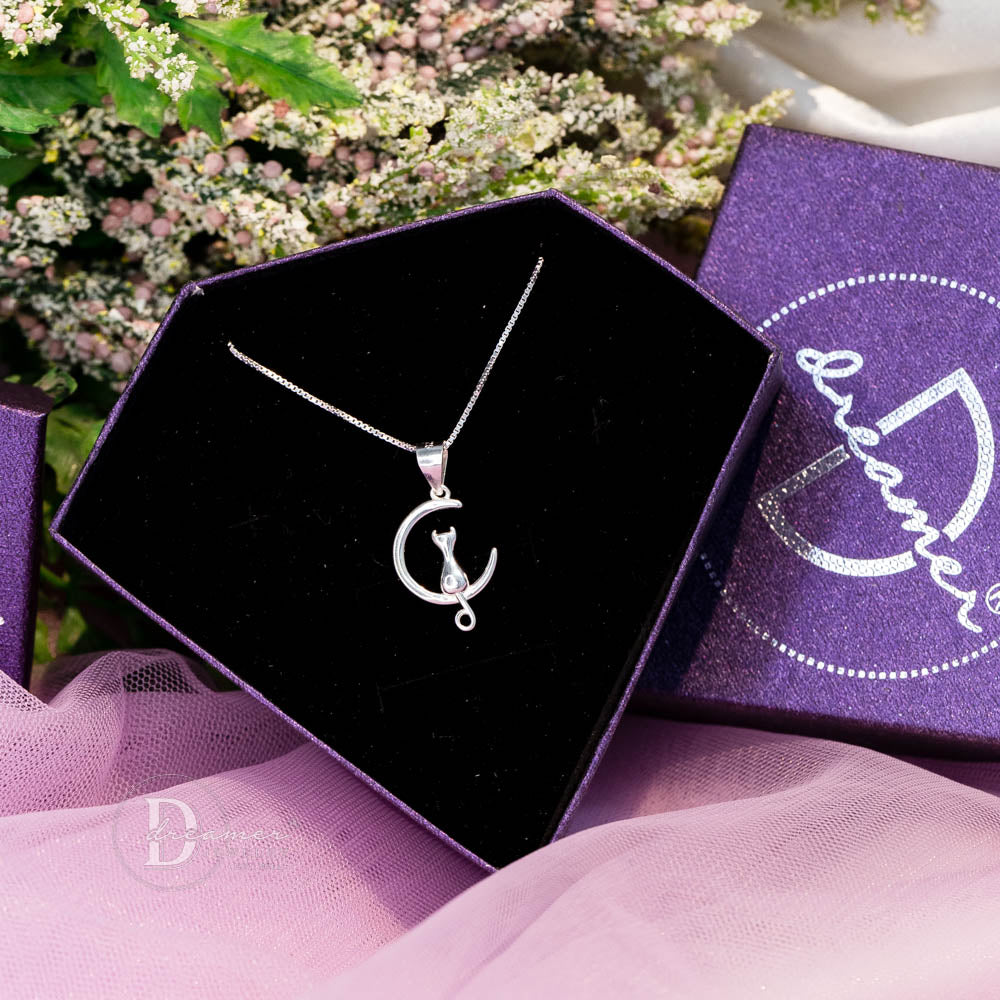 Dây Chuyền Bạc 925 Mặt Trăng & Chú Mèo Đuôi Dài Luna Cat (Quà Tặng Cho Cô Nàng Yêu Mèo)