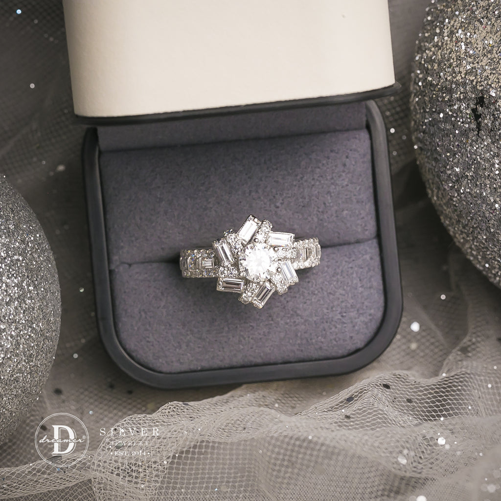 Nhẫn Bạc 950 Đá Moissanite 6li Ổ Hoa Xoáy Đính Baguette - Snowflake Flower Moissanite Diamond Silver Ring