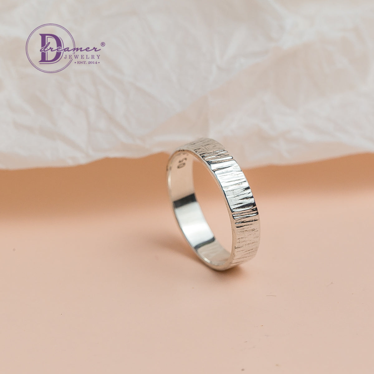 Nhẫn Bản Minimal Handmade Hammered Sterling Silver Ring Band (Line Texture)