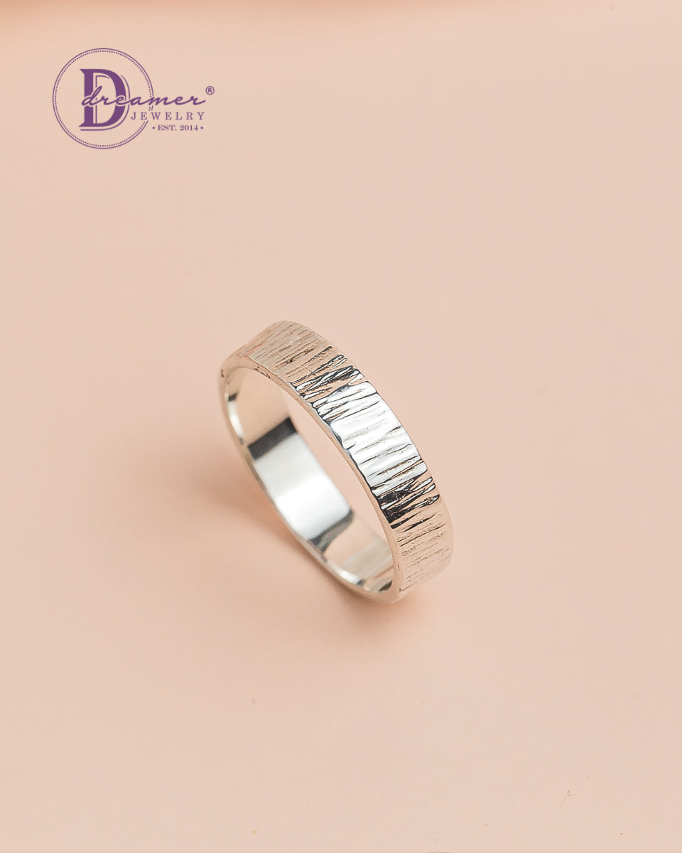 Nhẫn Bản Minimal Handmade Hammered Sterling Silver Ring Band (Line Texture)