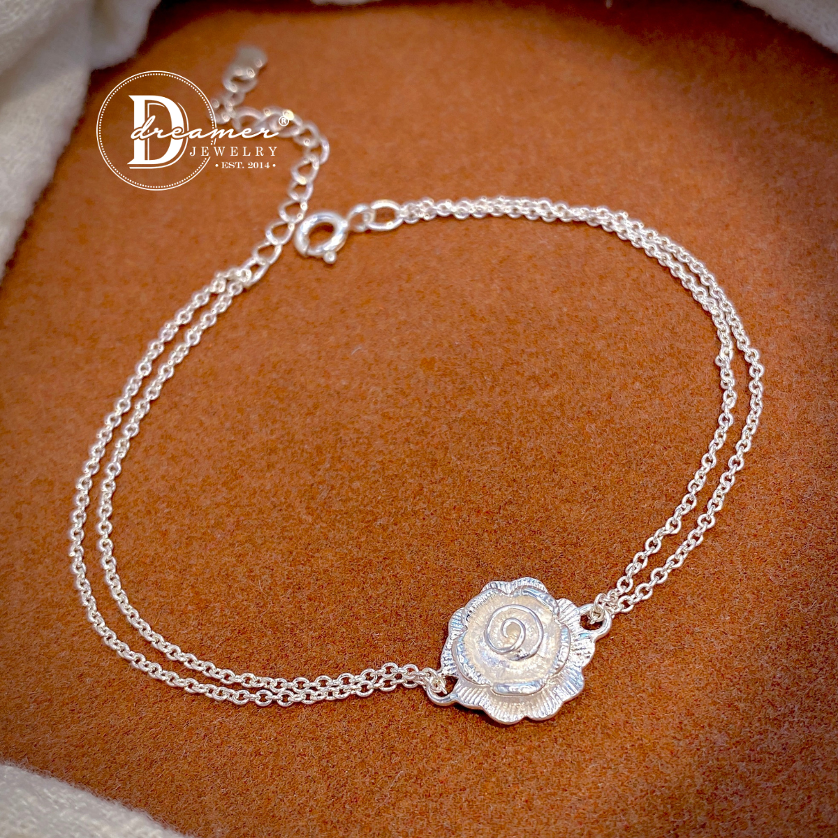 Lắc Tay Bạc 925 Dây Kép Charm Hoa Hồng Cổ Điển (Vintage Rose Flower)